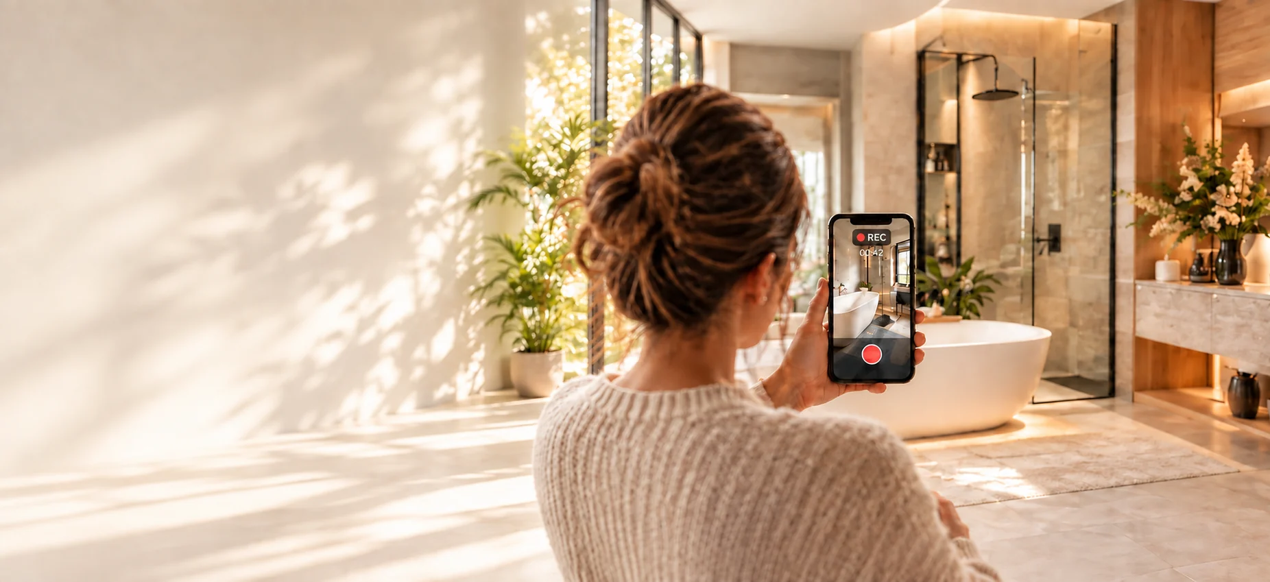 Une personne filme sa salle de bain avec son téléphone